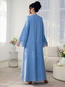 Al Najma 女士圆领拼接缎带休闲派对阿拉伯风格连衣裙 - 藍色 - 查看 2