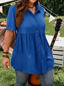 EMERY ROSE Short Sleeve Blue Button-Up Shirt, Casual Vacation Shirt With Longer Back, Plus Size, Suitable For Spring & Summer  Summer Spring Clothing Country Sty - Royal Blue - View 6