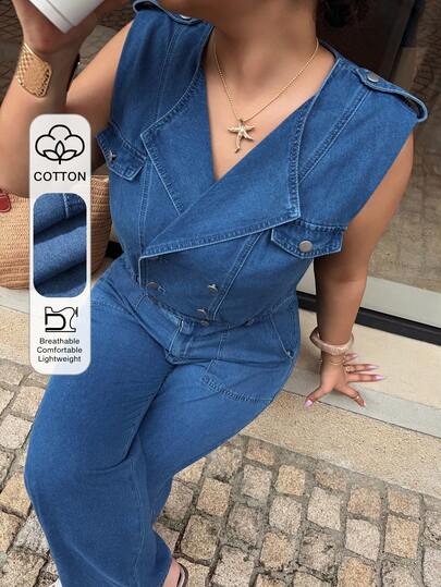 Dazy Plus Bộ áo liền quần denim kiểu miền Tây hai hàng cúc, cổ ve lật, không tay, dành cho nữ cỡ lớn, màu xanh dương nhạt, thích hợp cho mùa xuân/hè.