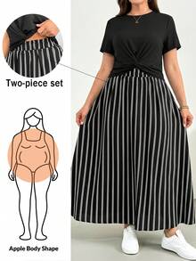 Shapeblank Conjunto de 2 Peças Feminino Plus Size Primavera/Verão, Moda Casual, Solto, Confortável, Básico, Versátil, Emagrecedor, Top Preto de Manga Curta e Saia Longa Listrada Preto e Branco com Cintura Elástica, Roupa para Passeio, Estilo Minimalista, Conjunto de 2 Peças de Verão - Preto - Visão 2