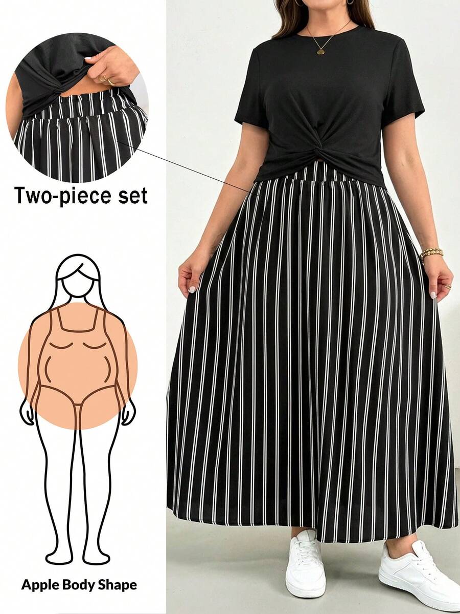 Shapeblank Conjunto de 2 Peças Feminino Plus Size Primavera/Verão, Moda Casual, Solto, Confortável, Básico, Versátil, Emagrecedor, Top Preto de Manga Curta e Saia Longa Listrada Preto e Branco com Cintura Elástica, Roupa para Passeio, Estilo Minimalista, Conjunto de 2 Peças de Verão
