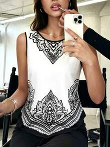 Selianne Women's White Print Sleeveless Tank Top,Round Neck Lightweight Summer Elegant Basic Work Golf Blouse,Suitable For Casual,Vacation,Beach,Office,Holiday - Black and White - View 4
