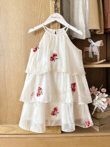 SHEIN Vintaside Kids 女童甜美森系网纱荷叶边领无袖A字公主裙 - 白色 - 查看 6