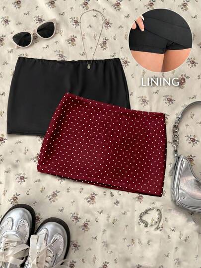 Attitoon 2pcs/Set Sexy Mini Skirt, Casual Retro Punk Y2K Versatile Polka Dot Print, Suitable For Music Festival, Gothic, Women Summer Outfit