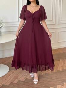 Vibekara Gaun A-Line Lengan Ruffle Leher V Kasual Ukuran Besar, Elegan dan Nyaman untuk Beraktivitas di Luar Ruangan - Burgundy - View 4