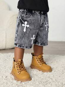 Toddler Boys' Cross Embroidered Blue Denim Shorts - Grey - View 5