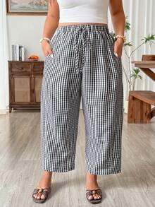 Weeklong Plus Size Women Elegant Plaid Drawstring Waist Pocket Long Pants - Multicolor - View 6