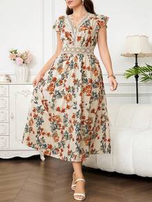 SHEIN Clasi Plus Size Elegant Floral Print Lace Patchwork Dress, Summer - Multicolor - View 7