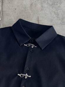 AXEPEAK Men's Casual Minimalist Solid Color Airplane Buckle Front Short Sleeve Shirt, Versatile For Daily Commute, Summer - Navy Blue - View 6