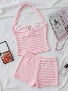 SHEIN 少女两件套露背上衣和超短裤套装，粉色休闲度假纹理套装，适合夏季、居家、青少年穿着 - 彩色 - 查看 2