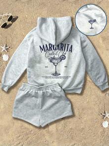 SHEIN EZwear 2件套休闲宽松印花短款连帽衫和卫衣 - 灰色 - 查看 3