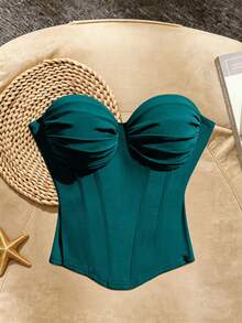SHEIN Franclia 女士优雅度假风纯色弹力褶皱抹胸上衣 - 水鴨藍 - 查看 1