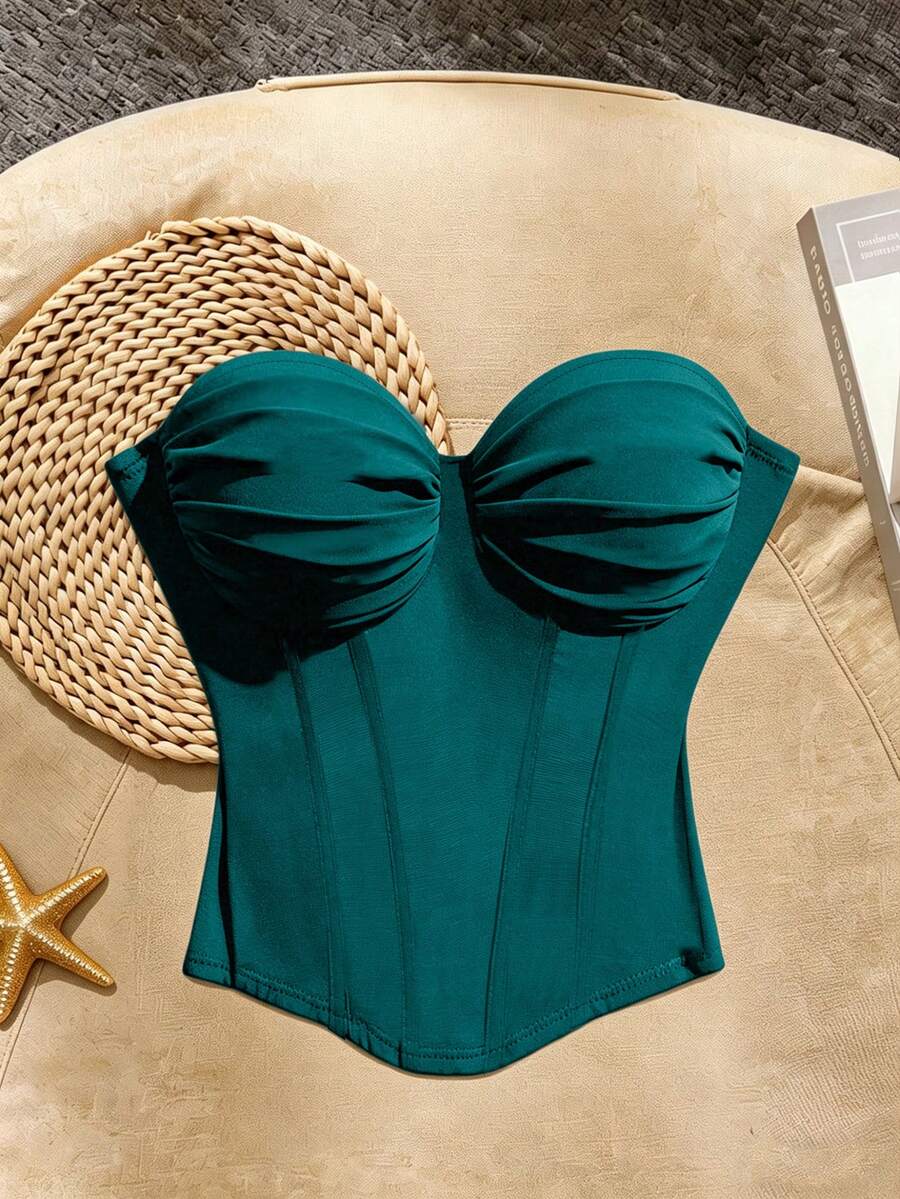 SHEIN Franclia 女士优雅度假风纯色弹力褶皱抹胸上衣 - 水鴨藍 - 查看 1