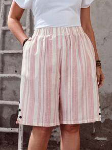 EMERY ROSE Plus Size Women's Knee-Length Casual Shorts, Street Style, Soft & Comfortable With Pockets, Suitable For Casual Wear, Music Festivals, Spring & Summer - Pink - View 3