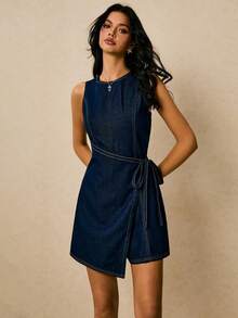 SHEIN Tall Bộ áo liền quần denim không tay cổ tròn thắt eo dành cho nữ, trang phục thường ngày thoải mái đi biển và nghỉ mát thanh lịch cho nữ. Bộ áo liền quần denim không tay thắt eo kiểu quấn dành cho nữ mùa hè, trang phục thường ngày thoải mái đi nghỉ mát. - Rửa tối - Xem 6