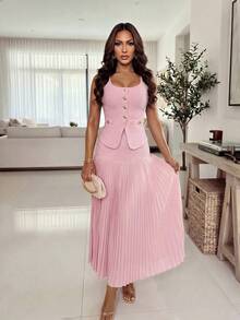 Structelle Women's Elegant Commuter Day Party Summer Set, Soft Pink Knit Cardigan With Metal Buttons Sleeveless Top + Pleated Skirt - Pink - View 9