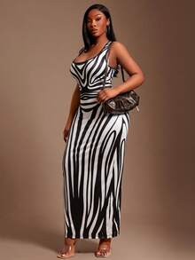 SHEIN SXY Elegant Plus Size White Long Zebra Pattern Bodycon Dress With Open Back Detail Vacation Summer Party - Black and White - View 5