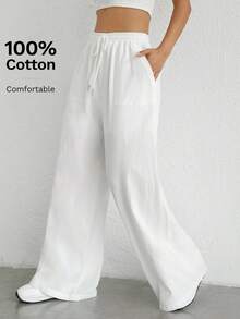 SHEIN PETITE CURVE 大码女式纯色抽绳腰带口袋休闲日常裤 - 白色 - 查看 7