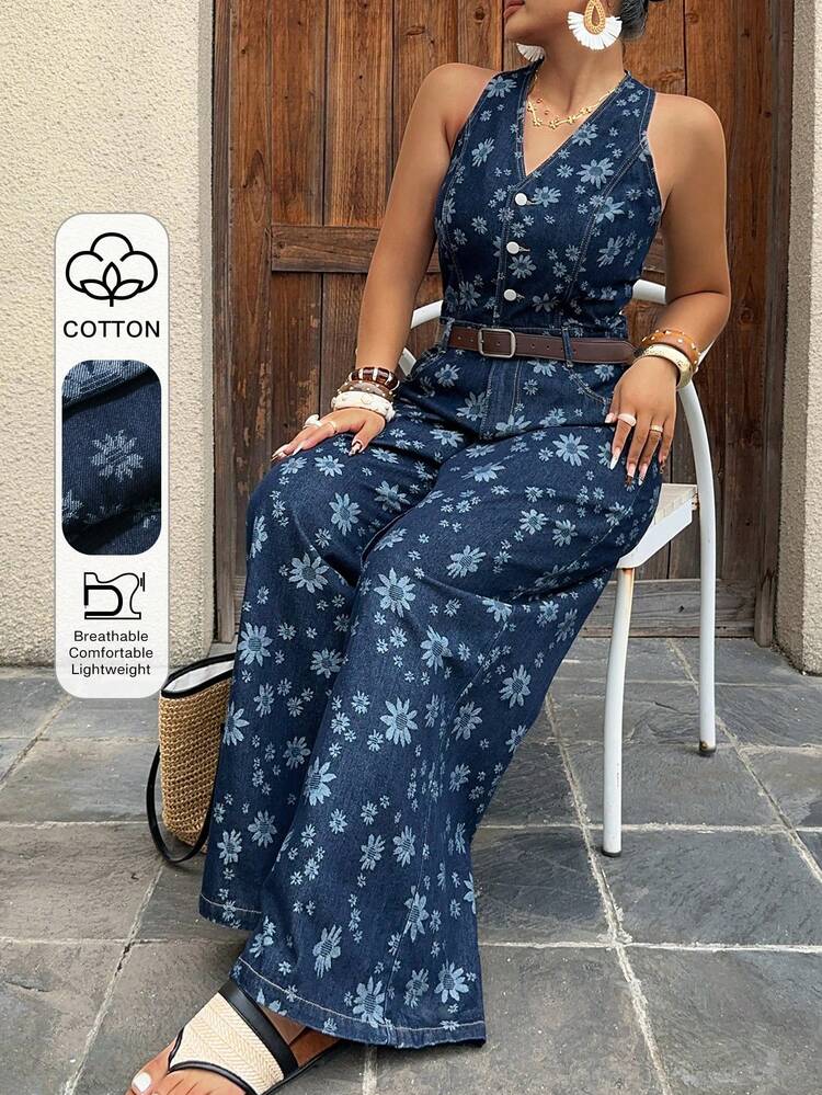 Dazy Plus All-Over Ditsy Floral Tie-Up Backless Casual Loose Wide Leg Denim Jumpsuit, Plus Size Women Spring/Summer