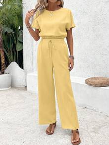 SHEIN Frenchy Women's Solid Color Short Sleeve Top And Drawstring Waist Long Pants Casual 2-Piece Set,Summer Outfits For Women - Yellow - View 4