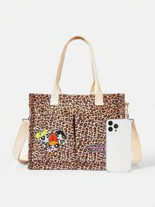 THE POWERPUFF GIRLS X SHEIN Túi đeo vai họa tiết da báo dành cho nữ, đa năng cho nhiều dịp, dung tích lớn, siêu nhẹ, bền, tiện dụng, giá trị thẩm mỹ cao, phong cách thời trang, phong cách giản dị, phong cách trung tính, phong cách thể thao, phong cách dễ thương, phong cách hoạt hình, dễ mang theo, thoáng khí, bền, có thể gấp gọn, chống bụi, thích hợp cho kỳ nghỉ, hoạt động ngoài trời, làm quà tặng văn phòng, đi làm, du lịch, nghỉ mát, sự lựa chọn của các bạn nữ trẻ và nhân viên văn phòng. - Mẫu báo - Xem 3