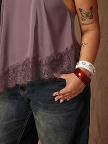 Rustia Plus Size Fashionable Elegant Satin Lace Patchwork Asymmetrical Blouse Date Night Brunch Formal Evening Dark Purple Summer - Redwood - View 7