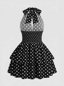 Sweetra CURVE Plus Size Women's Polka Dot Print Drawstring Waist Ruffle Hem Halter Neck Dress - Black and White - View 2