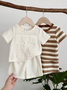 LMoss Kids Bộ 4 món áo thun và quần short dệt kim kẻ sọc trơn cho bé trai - Nhiều màu - Xem 7