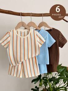 LMoss Kids Bộ 6 món quần áo hè cho bé trai, kiểu dáng thoải mái thường ngày gồm áo thun cổ tròn tay ngắn, áo thun kẻ sọc và quần short trang trí, bộ 2 món, trang phục tiết kiệm chi phí, phù hợp cho hoạt động ngoài trời, chụp ảnh đường phố, dự tiệc và thư giãn tại nhà. - Nhiều màu - Xem 5