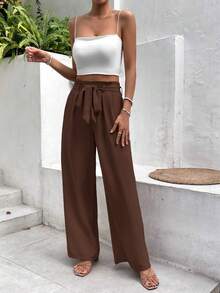 Serisse Paperbag Waist Belted Straight Bow Tie Wide Leg Pants - Brown - View 11
