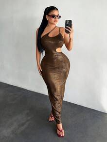 SHEIN SXY Vestido de moda ajustado con diseño de corte para mujer sin mangas - Dorado - Ver 4