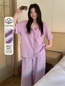 Dazy Plus Flat Collar Plaid Loose Cartoon Pattern Short Sleeve Top And Loose Pants Pajama Set - Purple - View 1