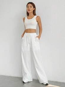 SHEIN PETITE CURVE 大码女式纯色抽绳腰带口袋休闲日常裤 - 白色 - 查看 4