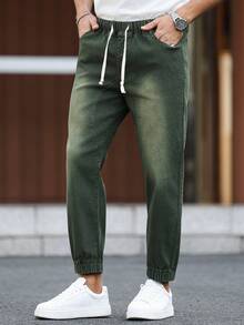 Manfinity Homme Jeans de mezclilla de uso diario versátil con bolsillos y cintura con cordón para hombres - Verde militar - Ver 4