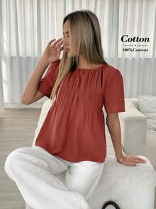 Easowa Women's Solid Color Round Neck Short Sleeve Pleated Casual Shirt,Summer Top - Red - View 3