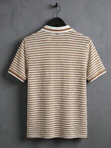 Manfinity Homme Men's Stylish Striped Knit Polo Shirt, White And Brown,Summer Smart Casual Short Sleeve Top,Breathable Vintage Old Money Retro For Vacation - Brown - View 2