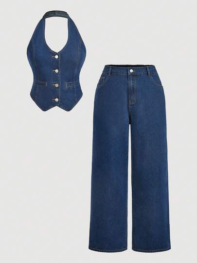Sweetra Plus Size Women's V-Neck Halter Denim Top And High Waist Straight Leg Denim Pants Set