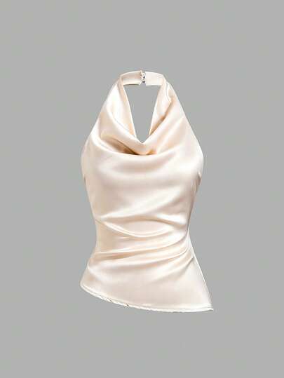 Sweetra New Summer Linen Elegant Commuter Sexy Backless Asymmetric Hem Apricot Women Blouse