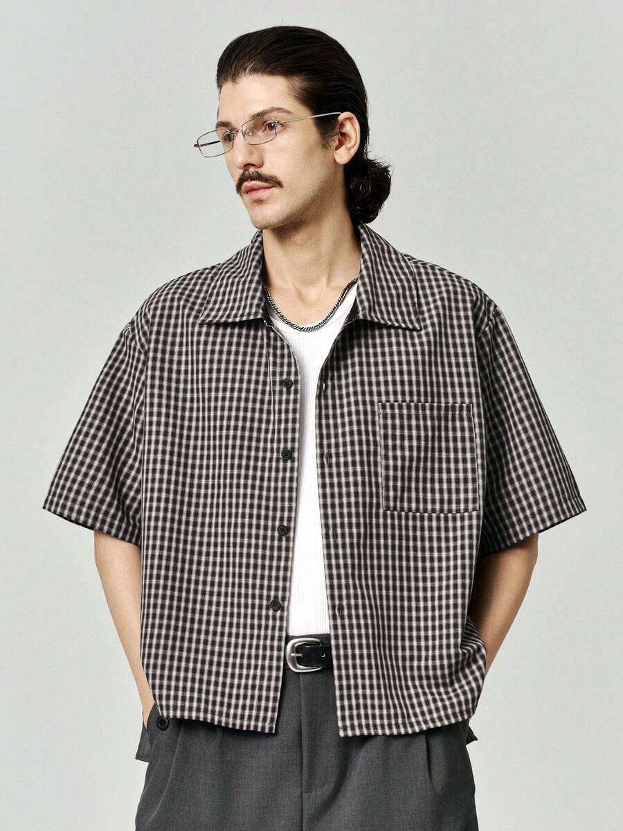 STYNVO Camisa de bolsillo de un solo pecho con rayas versátil y de moda para hombres - Café integral - Ver 1