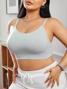 SHEIN 大码女士无缝无钢圈文胸，波浪纹理全包覆侧边平滑舒适睡眠文胸，配有可调节肩带，无钢圈 - 淺灰色 - 查看 6