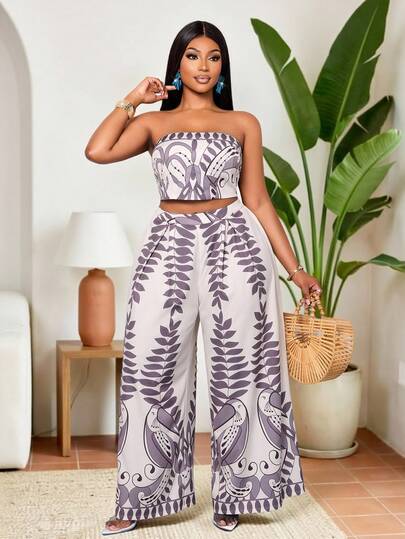 SOLERSUN Conjunto informal de top tubo y pantalones de pierna ancha con estampado total para mujer de talla grande