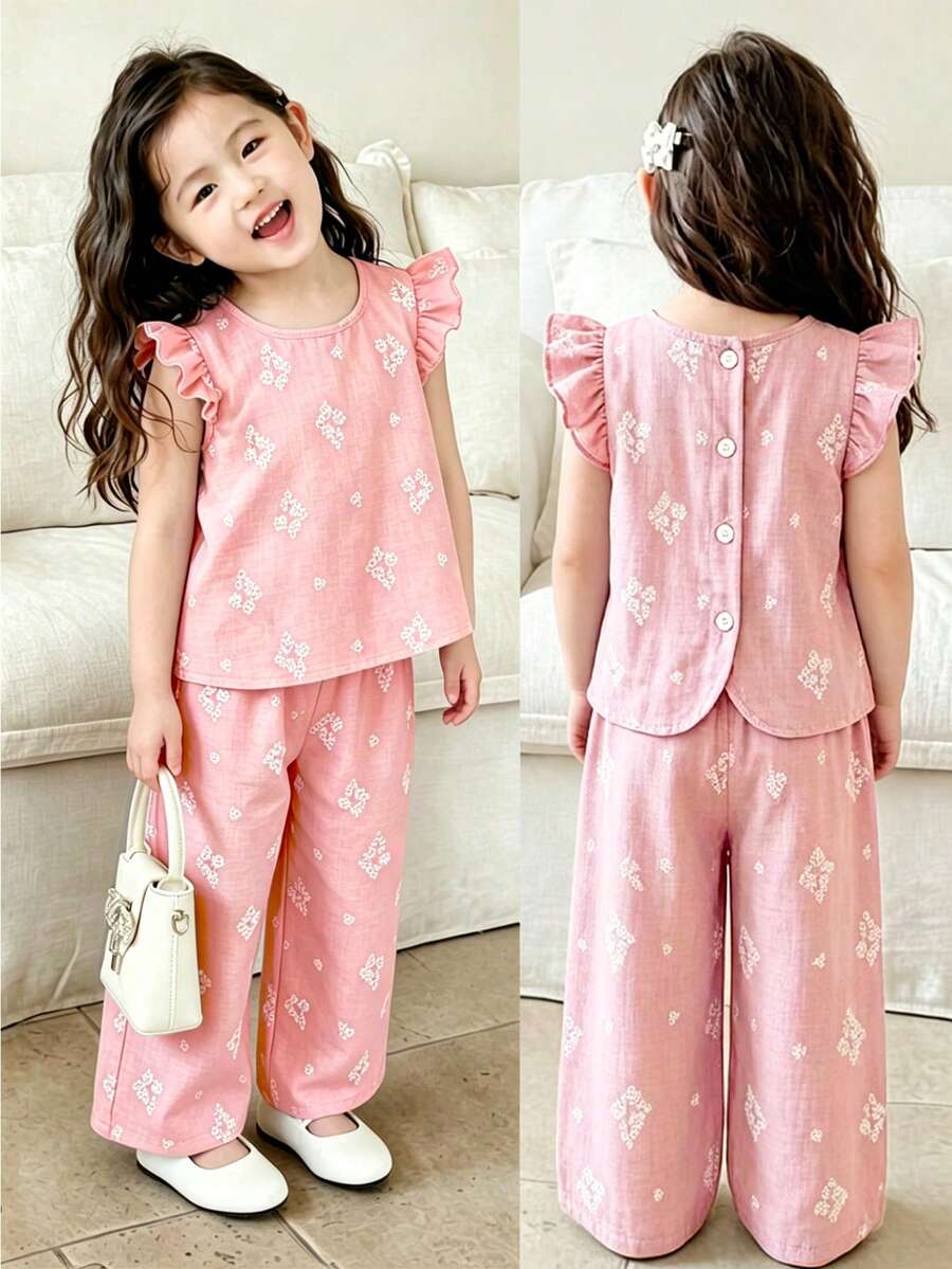 Elladie kids 女童(小号)春夏休闲简约韩版两件套,编织花卉印花纹理面料,后背白色纽扣设计,无袖圆领上衣搭配同色休闲裤,适合年轻女孩,韩版风格,可爱淑女,休闲百搭,适合日常、上学、外出、度假等春夏穿着。 - 粉色 - 查看 1