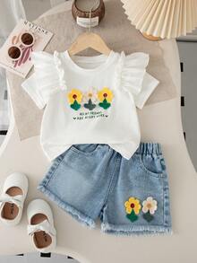 Genkimix Kids Young Girl Floral Applique Ruffle Sleeve T-Shirt And Fringe Denim Shorts 2pcs Set - White - View 3