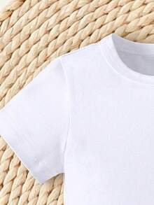 SHEIN 2件/組 男嬰夏季休閒海灘度假英文與棕櫚樹印花圓領短袖T恤與短褲 - 黑與白 - 查看 5