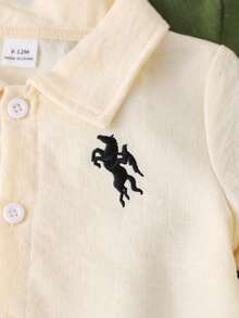 SHEIN Playful Pals 2件組男嬰純色紋理POLO領刺繡動物上衣與短褲套裝 橄欖綠 夏季休閒 親子穿搭 百搭款 - 彩色 - 查看 4
