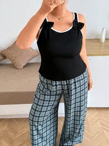 Napfluff CURVE Napfluff CURVE Contrast Color Trim Bow Decor Vest & Plaid Print Pants Plus Size Pajama Set - Multicolor - View 3