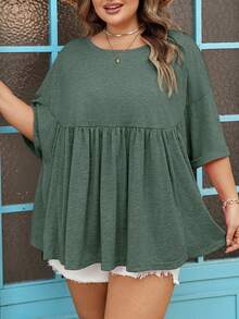 SHEIN CURVE+ Curve 尺码 US22 音乐节、海滨度假、波西米亚风女士超宽松弹力娃娃衫 T 恤 - 墨綠色 - 查看 7