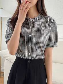 DAZY Women's Casual Plaid Print Bubble Short Sleeve Shirt, Suitable For Daily Wear And Commuting - Black and White - View 8