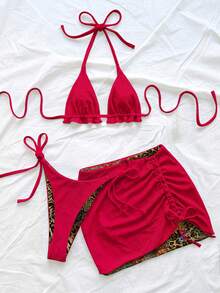 Soleia Bộ bikini họa tiết da báo mới dành cho nữ, kèm váy, họa tiết đồng bộ, kiểu buộc dây cổ, thiết kế thời trang và gợi cảm. - Nhiều màu - Xem 6
