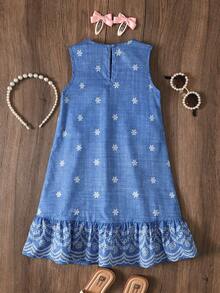 SHEIN Young Girl Cute Tropical Print Halter Backless High-Low Dress, Suitable For Summer & Vacation - Blue - View 2